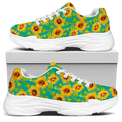 Teal Watercolor Sunflower Pattern Print White Chunky Shoes