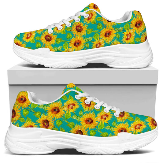 Teal Watercolor Sunflower Pattern Print White Chunky Shoes
