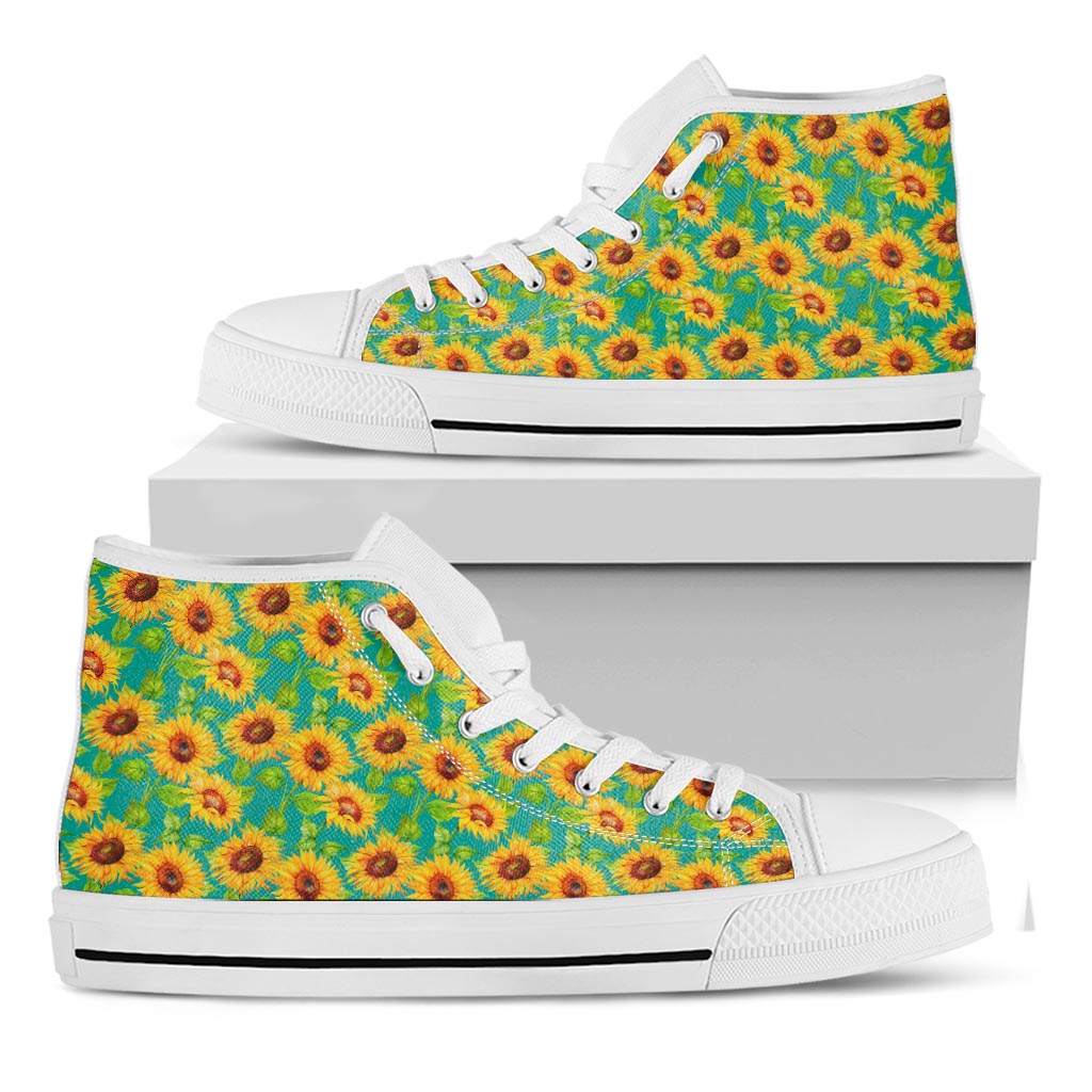 Teal Watercolor Sunflower Pattern Print White High Top Sneakers