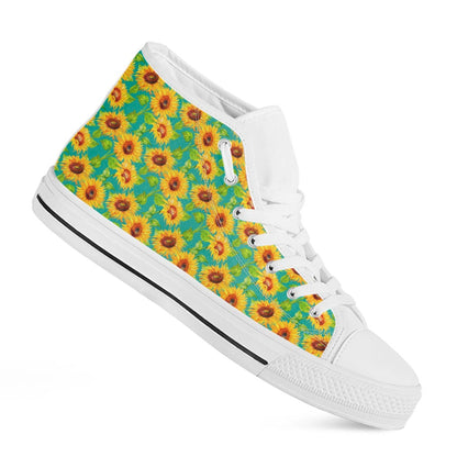 Teal Watercolor Sunflower Pattern Print White High Top Sneakers