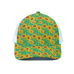 Teal Watercolor Sunflower Pattern Print White Mesh Trucker Cap