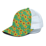 Teal Watercolor Sunflower Pattern Print White Mesh Trucker Cap