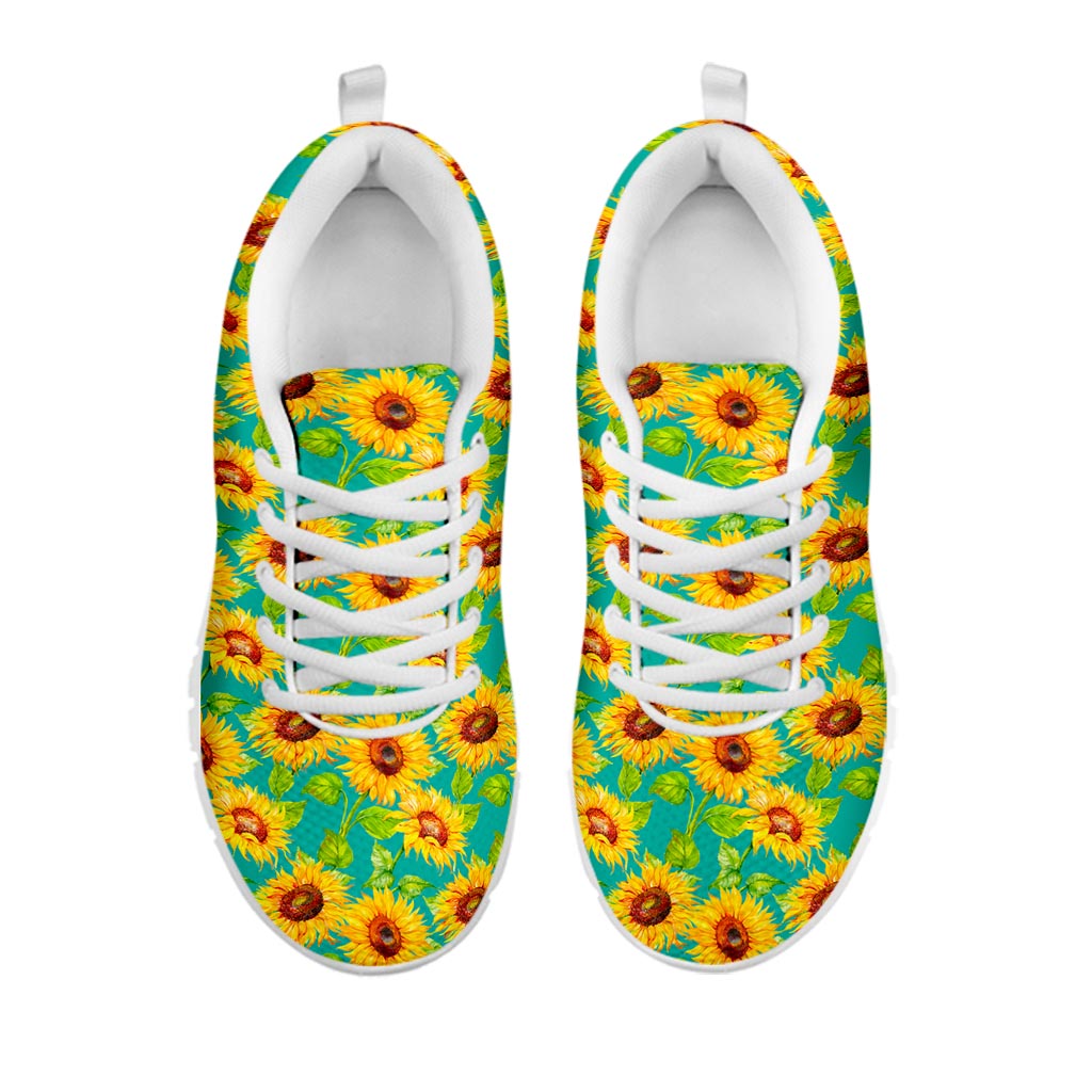 Teal Watercolor Sunflower Pattern Print White Running Shoes