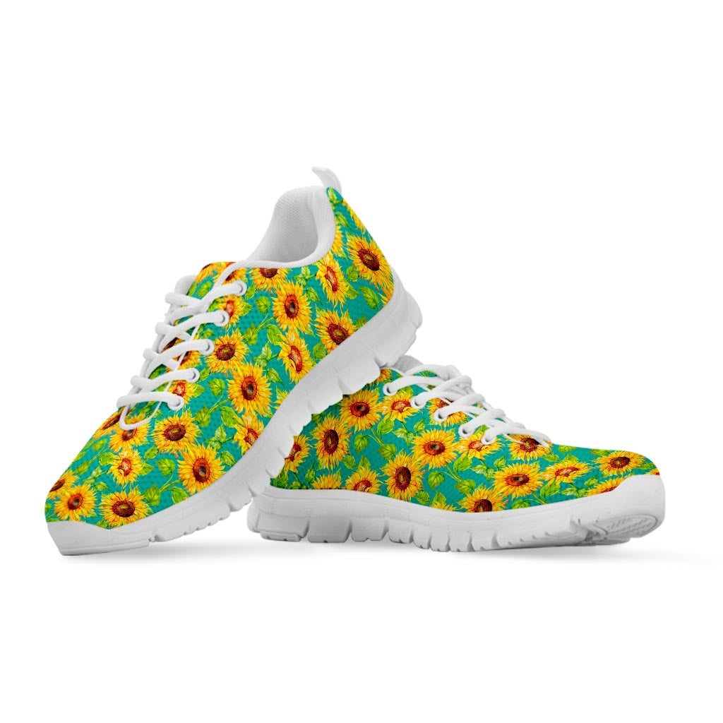 Teal Watercolor Sunflower Pattern Print White Running Shoes