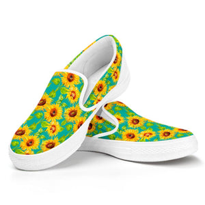 Teal Watercolor Sunflower Pattern Print White Slip On Sneakers