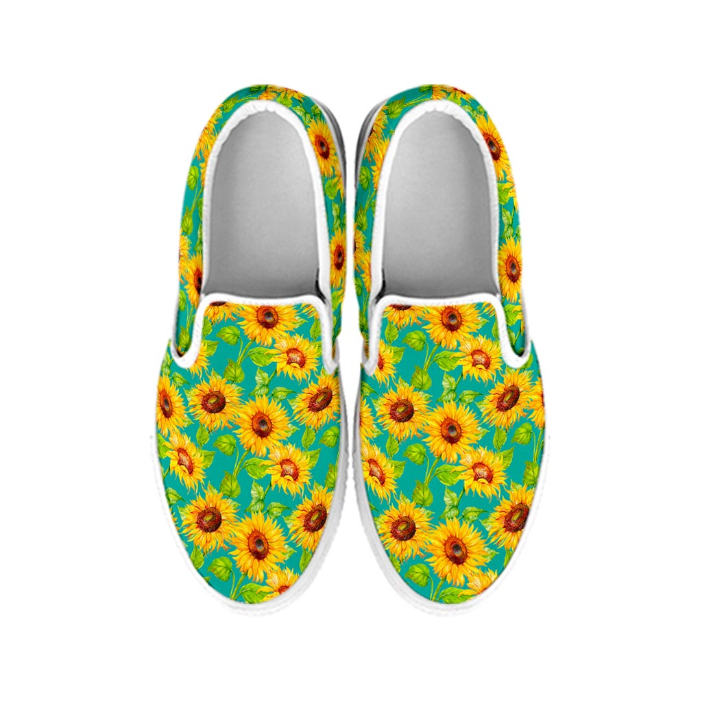 Teal Watercolor Sunflower Pattern Print White Slip On Sneakers