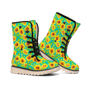 Teal Watercolor Sunflower Pattern Print Winter Boots