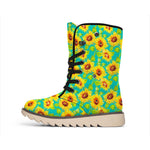 Teal Watercolor Sunflower Pattern Print Winter Boots