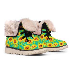 Teal Watercolor Sunflower Pattern Print Winter Boots