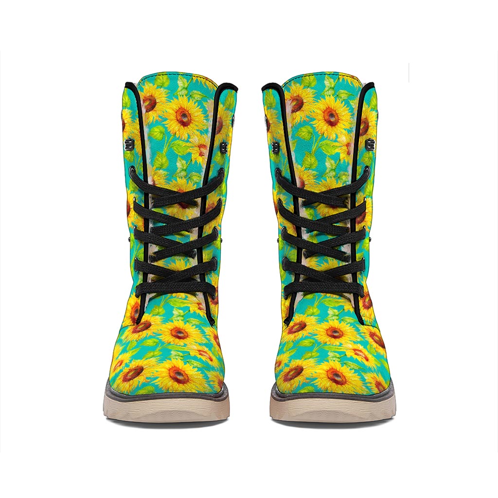 Teal Watercolor Sunflower Pattern Print Winter Boots