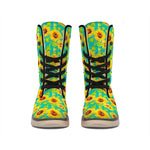 Teal Watercolor Sunflower Pattern Print Winter Boots