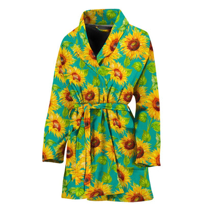 Teal Watercolor Sunflower Pattern Print Women's Bathrobe