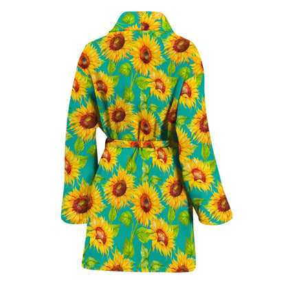 Teal Watercolor Sunflower Pattern Print Women's Bathrobe