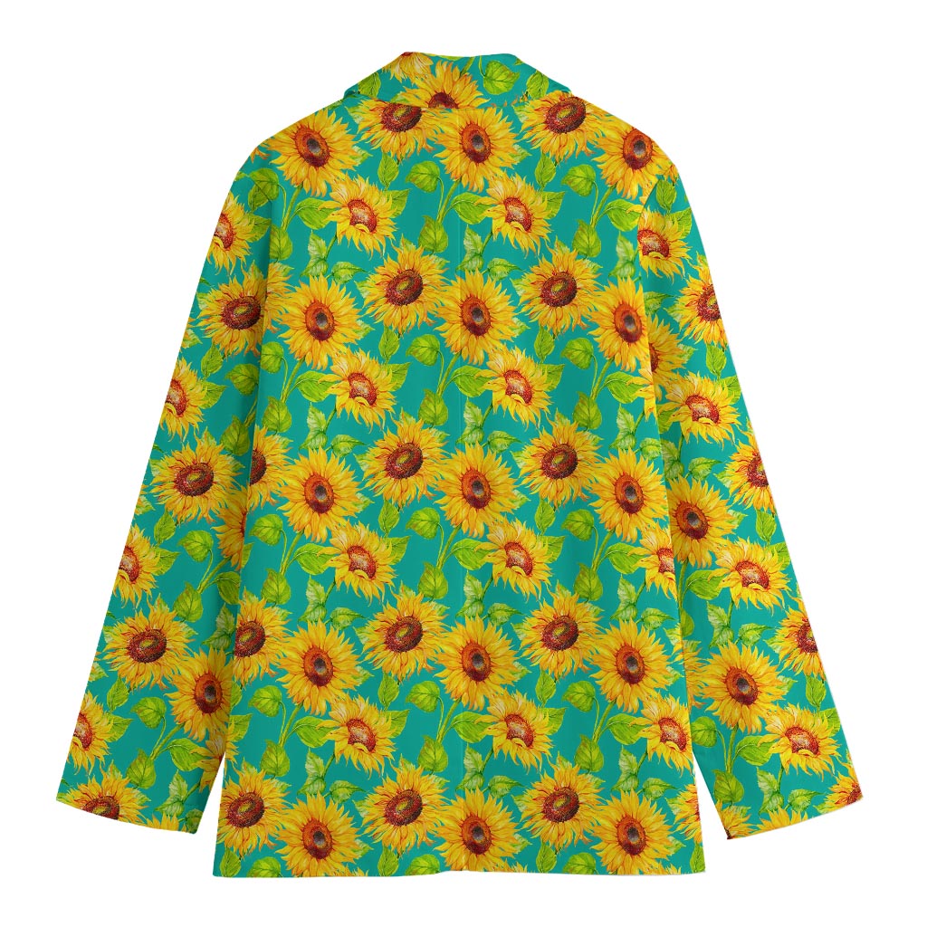 Teal Watercolor Sunflower Pattern Print Women's Blazer