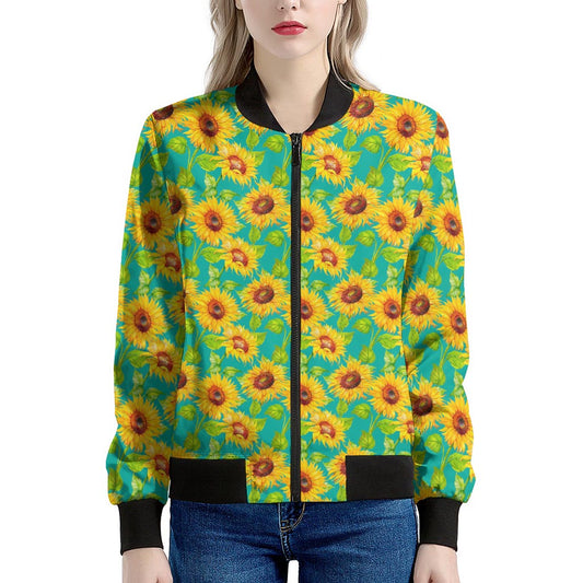 Teal Watercolor Sunflower Pattern Print Women's Bomber Jacket