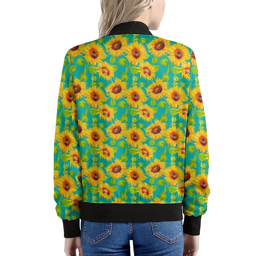 Teal Watercolor Sunflower Pattern Print Women's Bomber Jacket