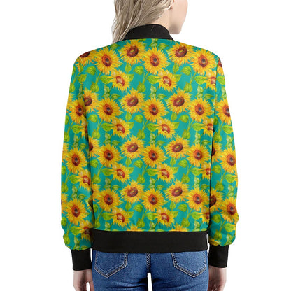 Teal Watercolor Sunflower Pattern Print Women's Bomber Jacket