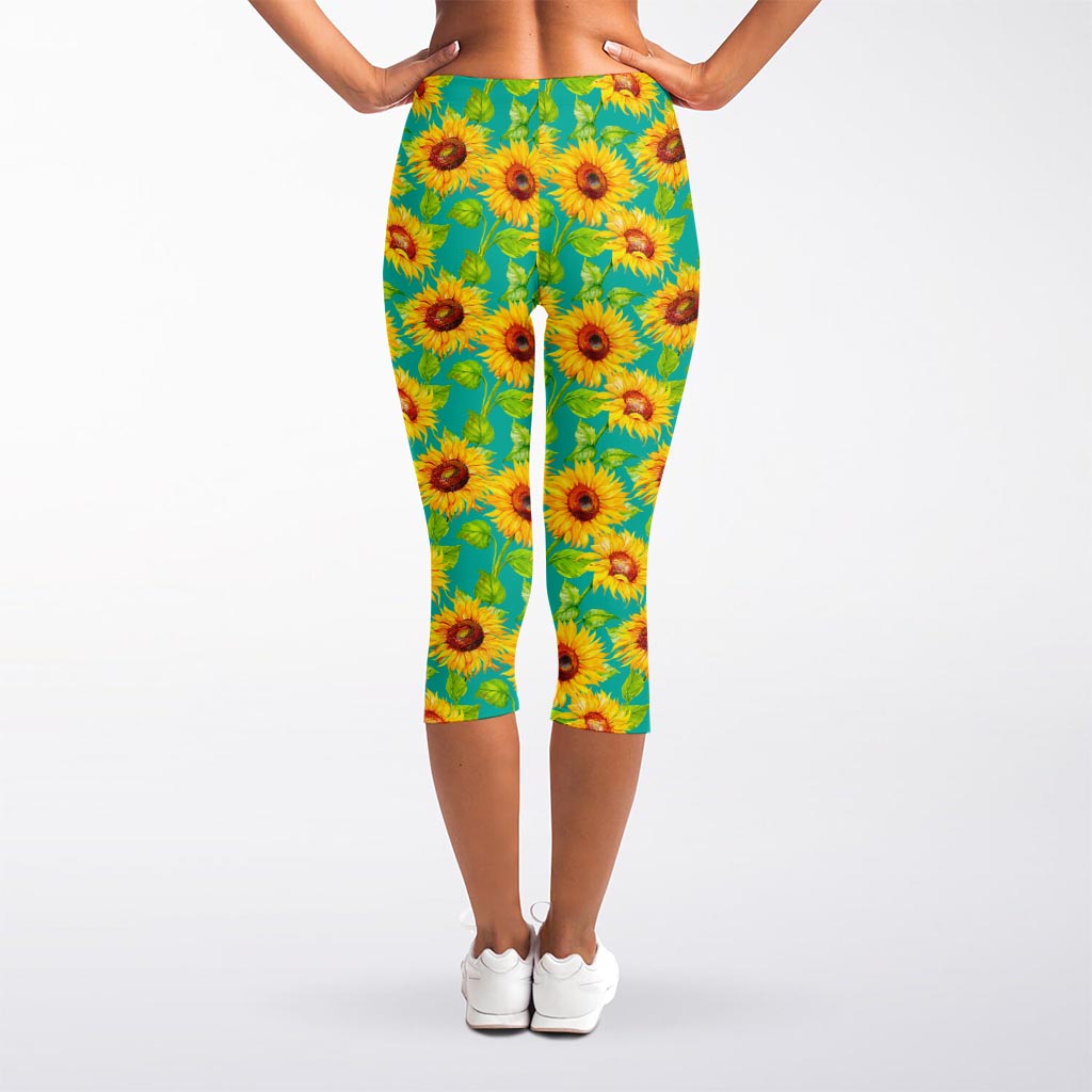 Teal Watercolor Sunflower Pattern Print Women's Capri Leggings