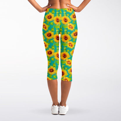 Teal Watercolor Sunflower Pattern Print Women's Capri Leggings