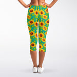 Teal Watercolor Sunflower Pattern Print Women's Capri Leggings