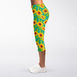 Teal Watercolor Sunflower Pattern Print Women's Capri Leggings