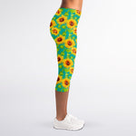 Teal Watercolor Sunflower Pattern Print Women's Capri Leggings
