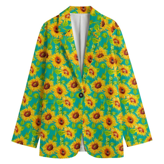 Teal Watercolor Sunflower Pattern Print Women's Cotton Blazer