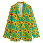 Teal Watercolor Sunflower Pattern Print Women's Cotton Blazer