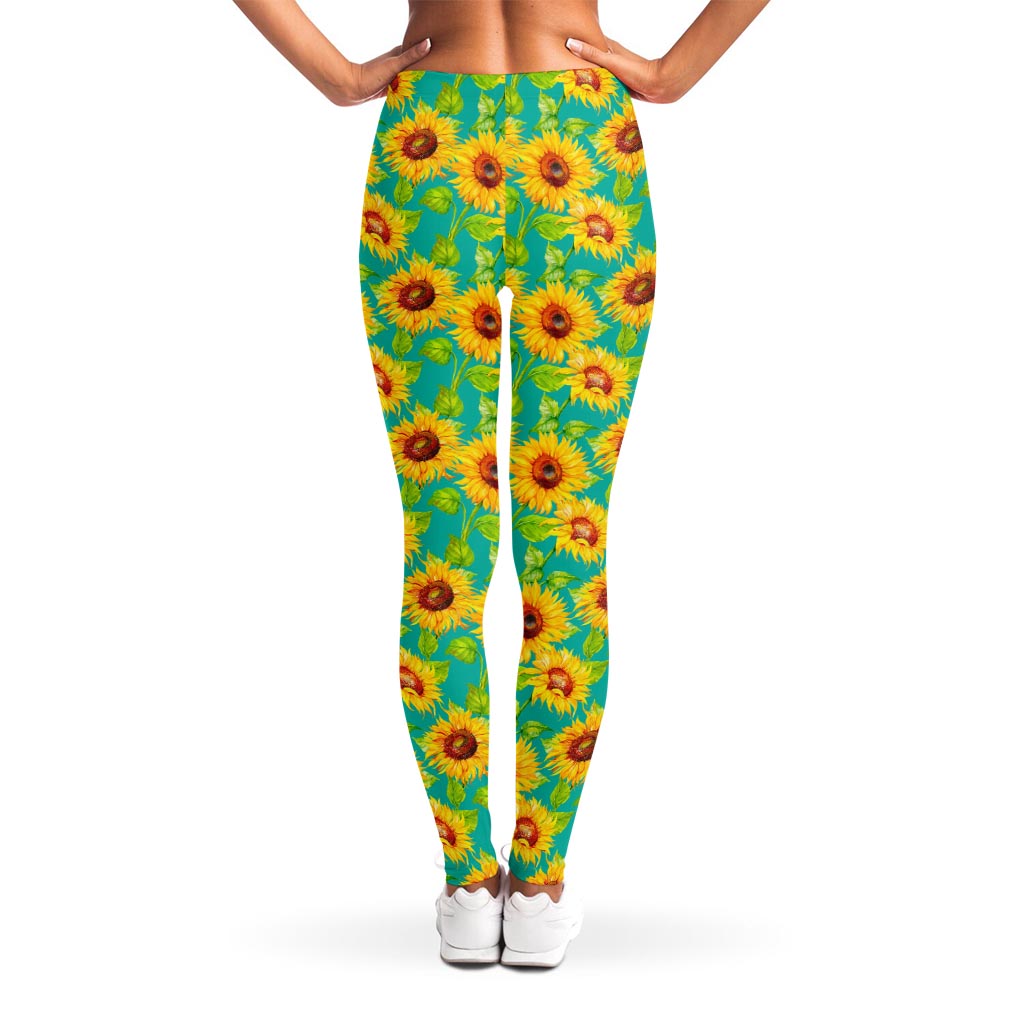 Teal Watercolor Sunflower Pattern Print Women's Leggings