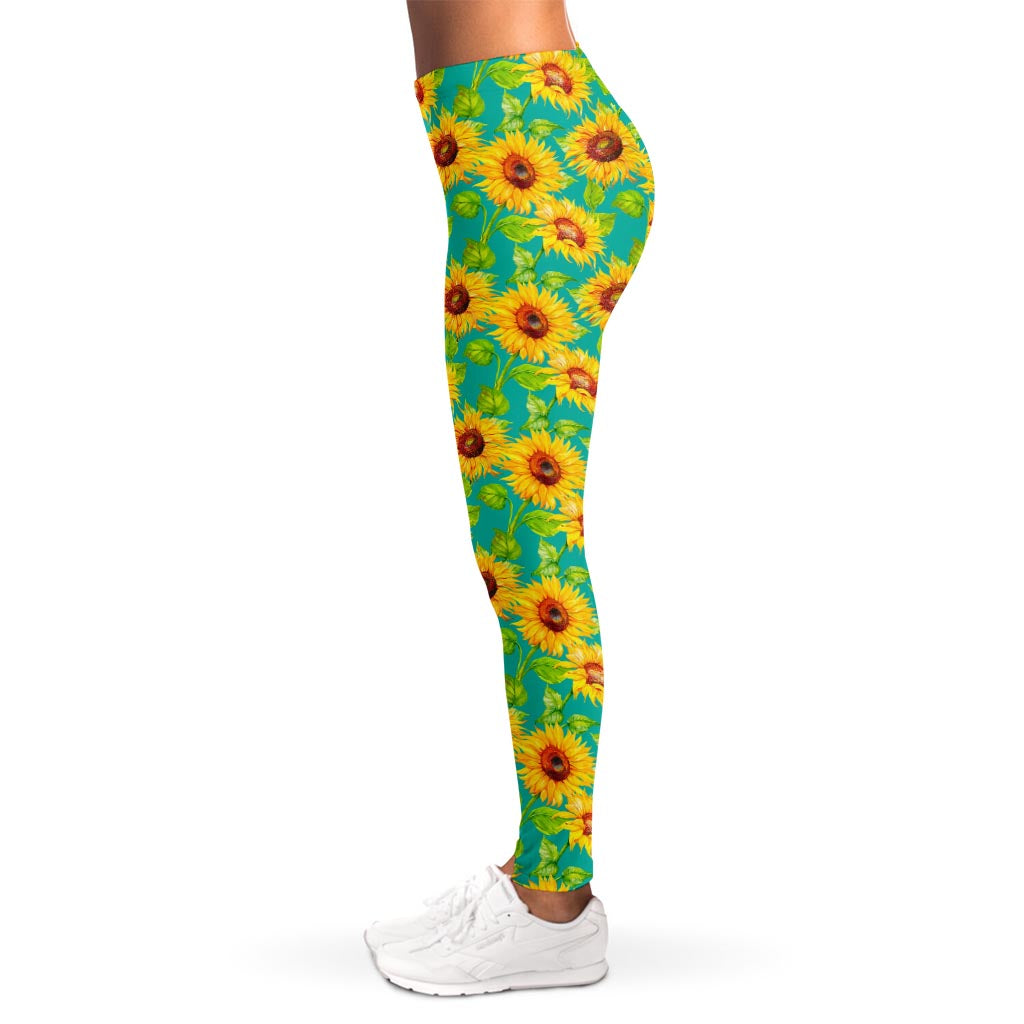 Teal Watercolor Sunflower Pattern Print Women's Leggings