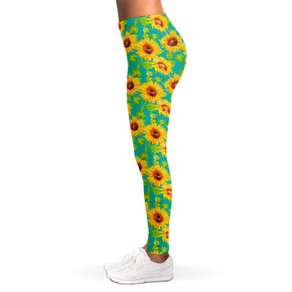 Teal Watercolor Sunflower Pattern Print Women's Leggings