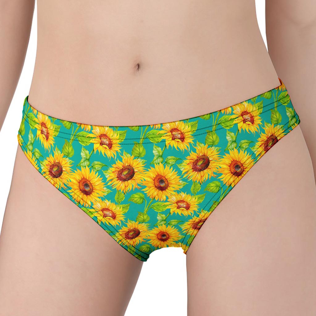 Teal Watercolor Sunflower Pattern Print Women's Panties