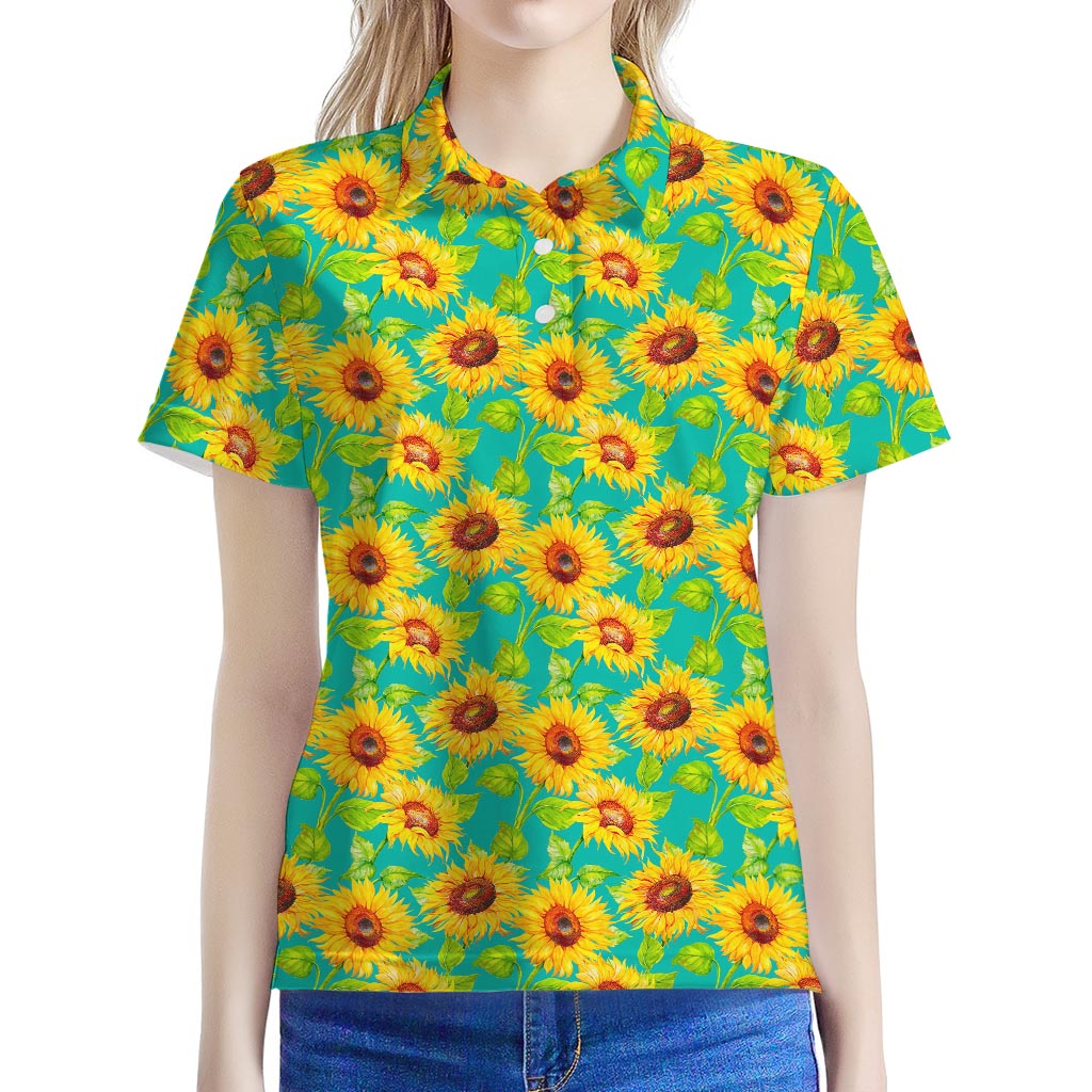 Teal Watercolor Sunflower Pattern Print Women's Polo Shirt