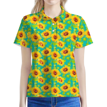 Teal Watercolor Sunflower Pattern Print Women's Polo Shirt
