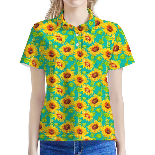 Teal Watercolor Sunflower Pattern Print Women's Polo Shirt