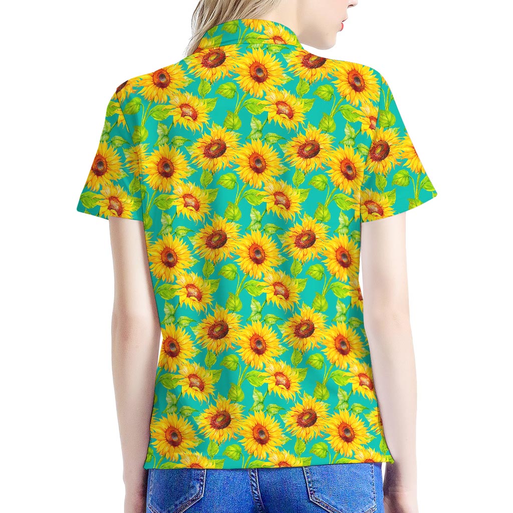 Teal Watercolor Sunflower Pattern Print Women's Polo Shirt