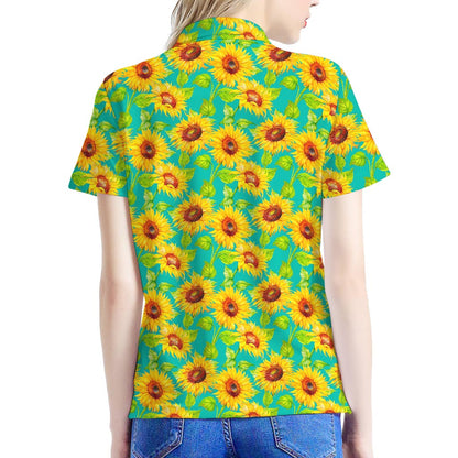 Teal Watercolor Sunflower Pattern Print Women's Polo Shirt