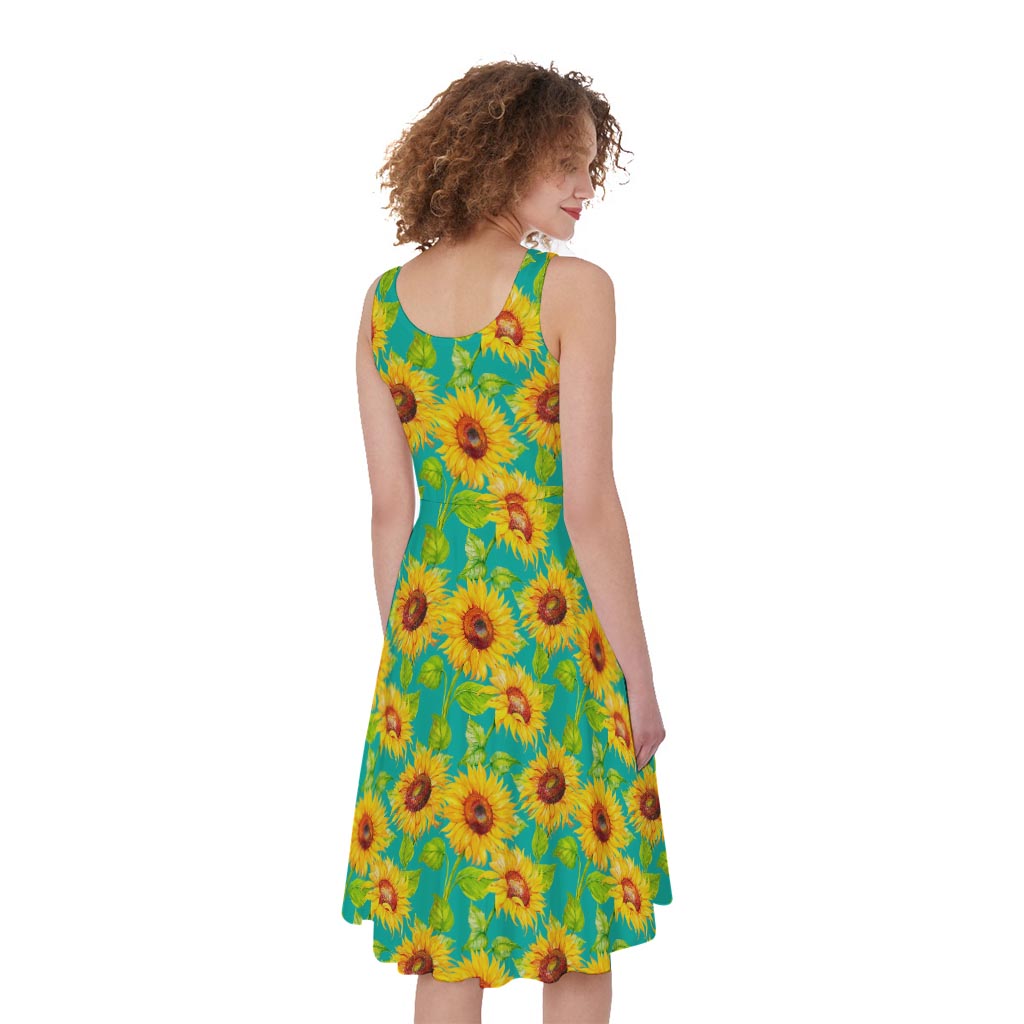 Teal Watercolor Sunflower Pattern Print Women's Sleeveless Dress