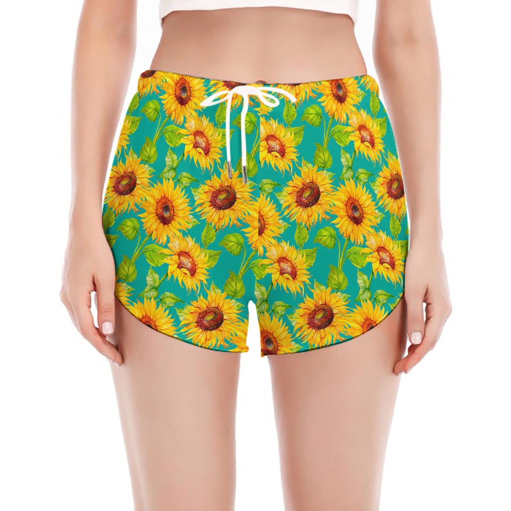 Teal Watercolor Sunflower Pattern Print Women's Split Running Shorts