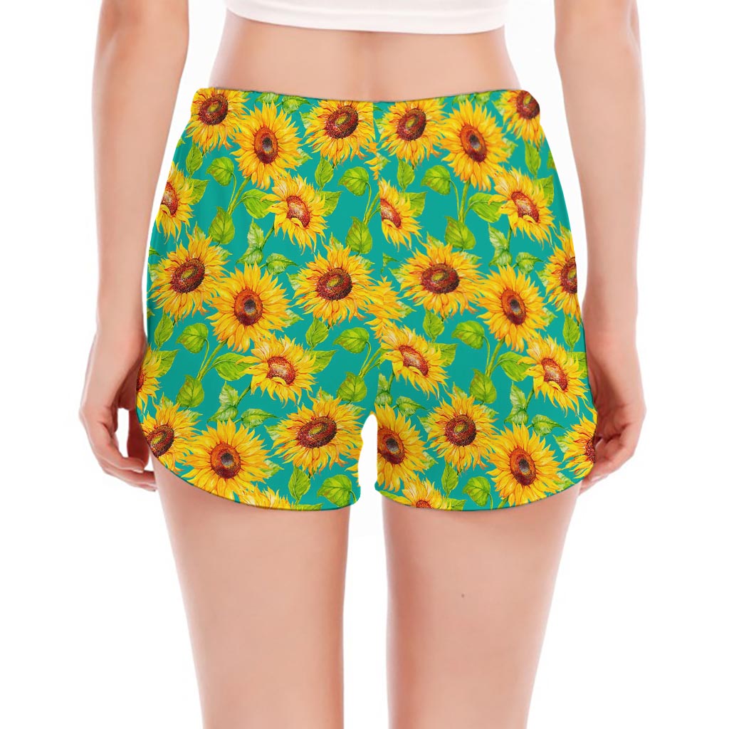 Teal Watercolor Sunflower Pattern Print Women's Split Running Shorts