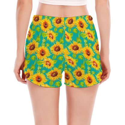 Teal Watercolor Sunflower Pattern Print Women's Split Running Shorts