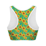 Teal Watercolor Sunflower Pattern Print Women's Sports Bra