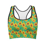 Teal Watercolor Sunflower Pattern Print Women's Sports Bra