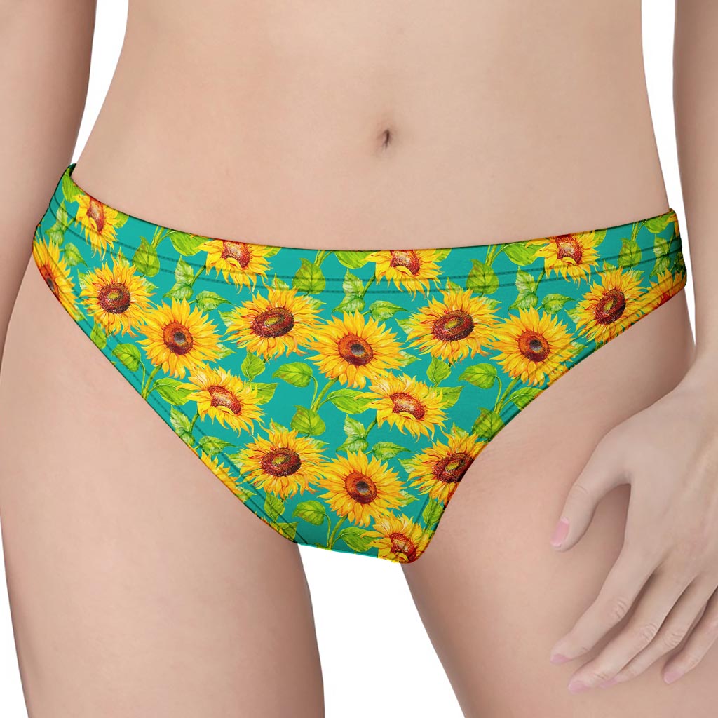 Teal Watercolor Sunflower Pattern Print Women's Thong