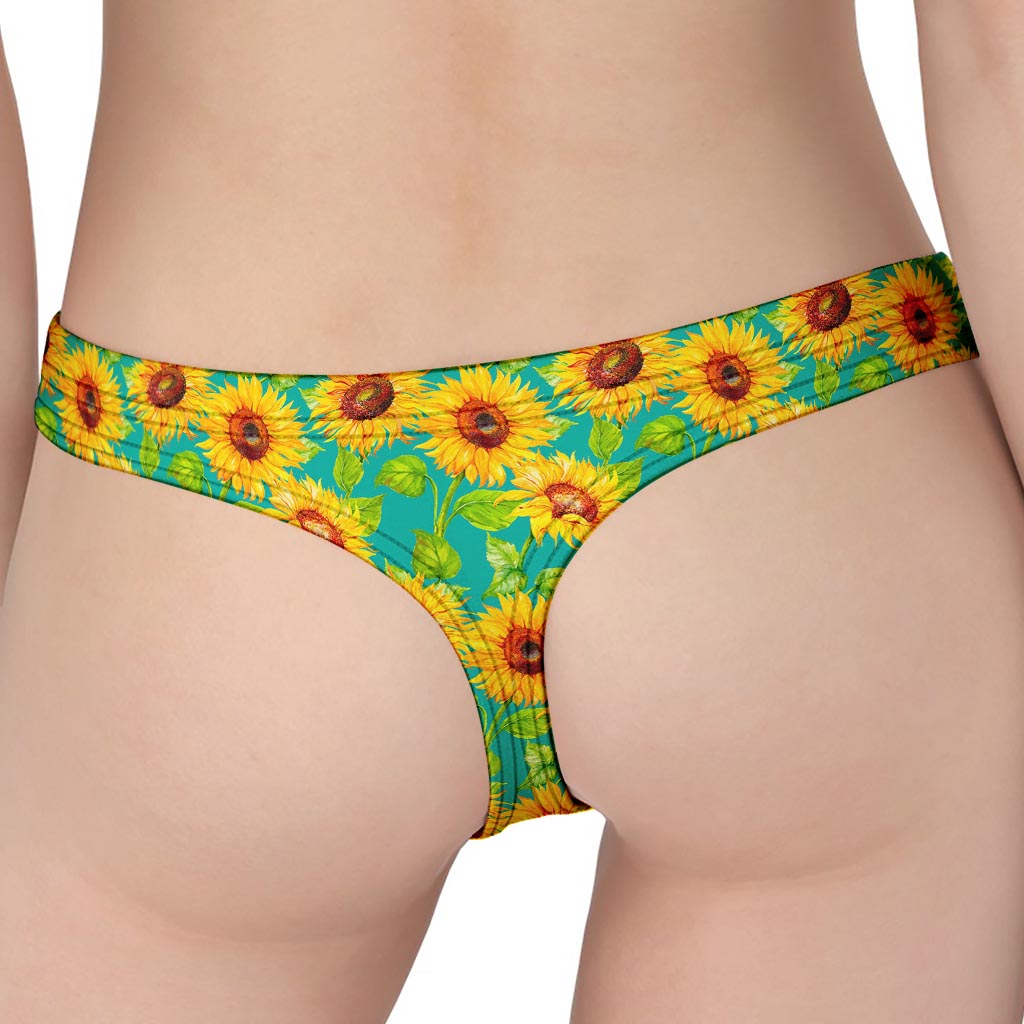 Teal Watercolor Sunflower Pattern Print Women's Thong