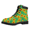 Teal Watercolor Sunflower Pattern Print Padded Collar Lace Up Boots