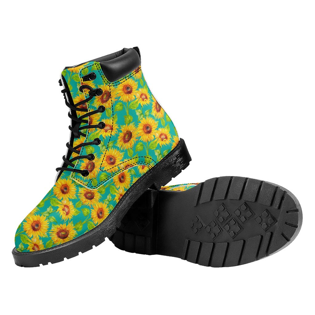 Teal Watercolor Sunflower Pattern Print Work Boots
