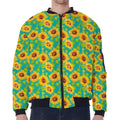 Teal Watercolor Sunflower Pattern Print Zip Sleeve Bomber Jacket