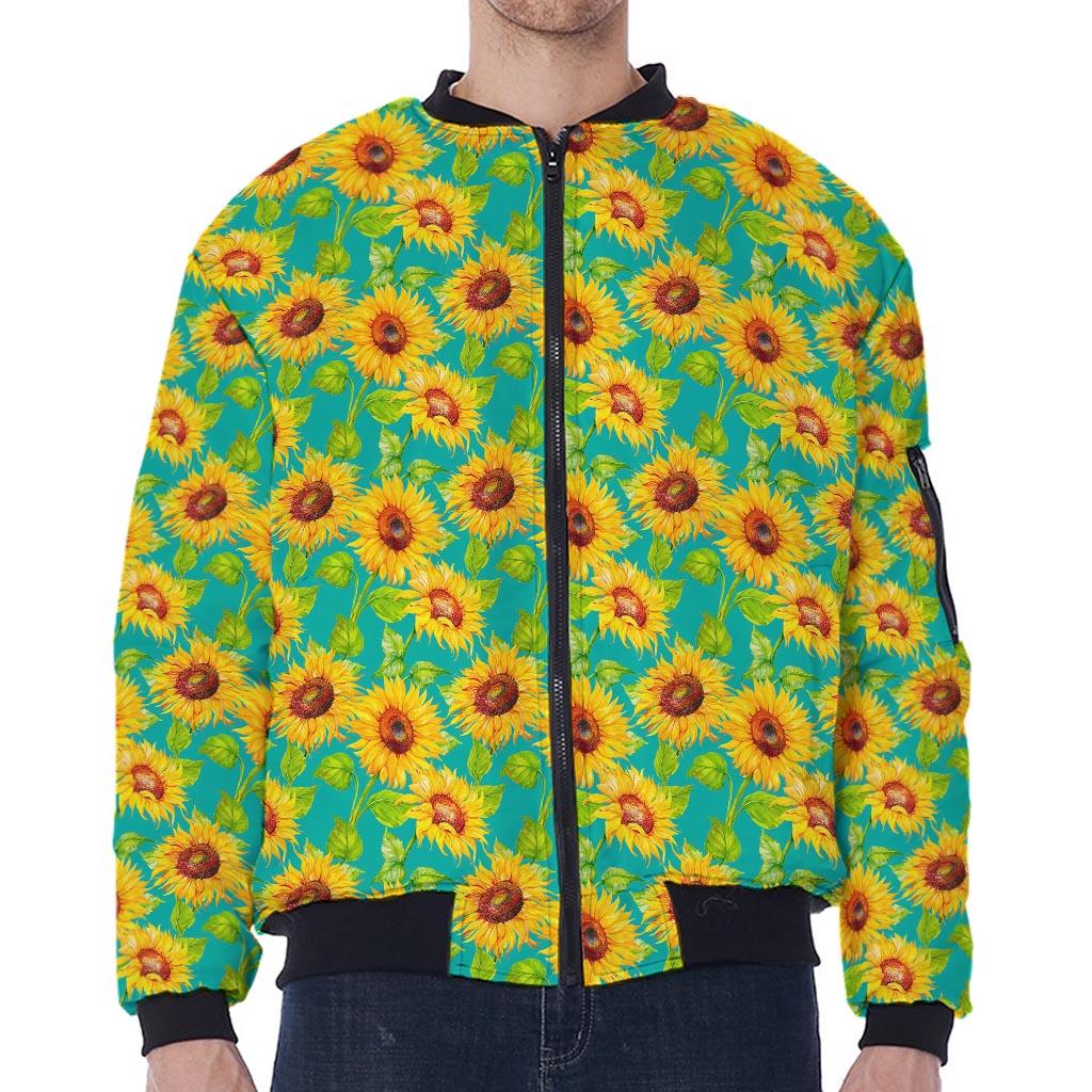 Teal Watercolor Sunflower Pattern Print Zip Sleeve Bomber Jacket