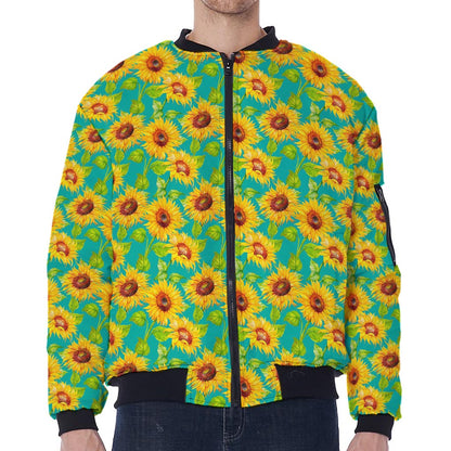 Teal Watercolor Sunflower Pattern Print Zip Sleeve Bomber Jacket